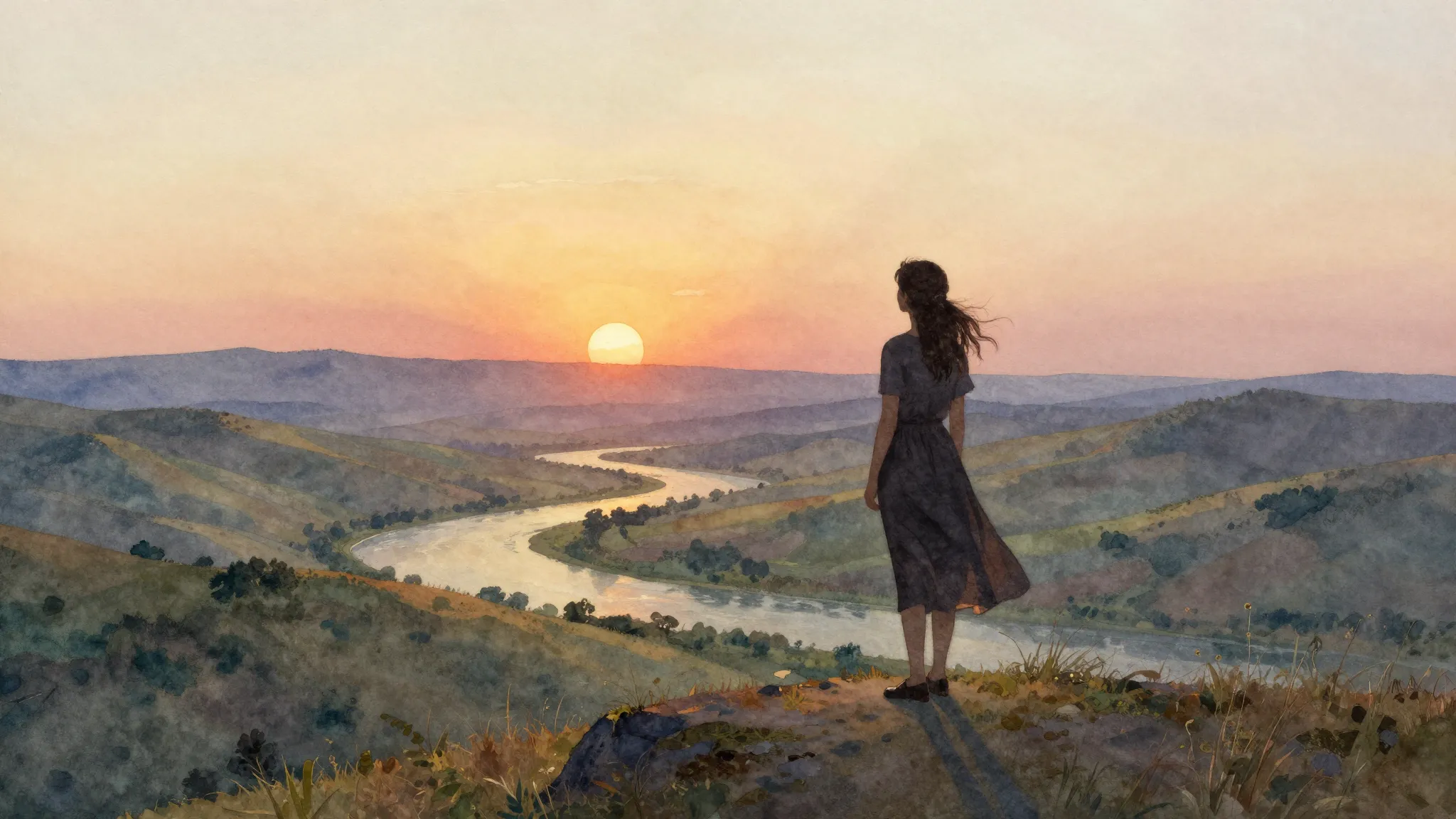 Watercolor style. A silhouette of a woman stands on a hill, ...