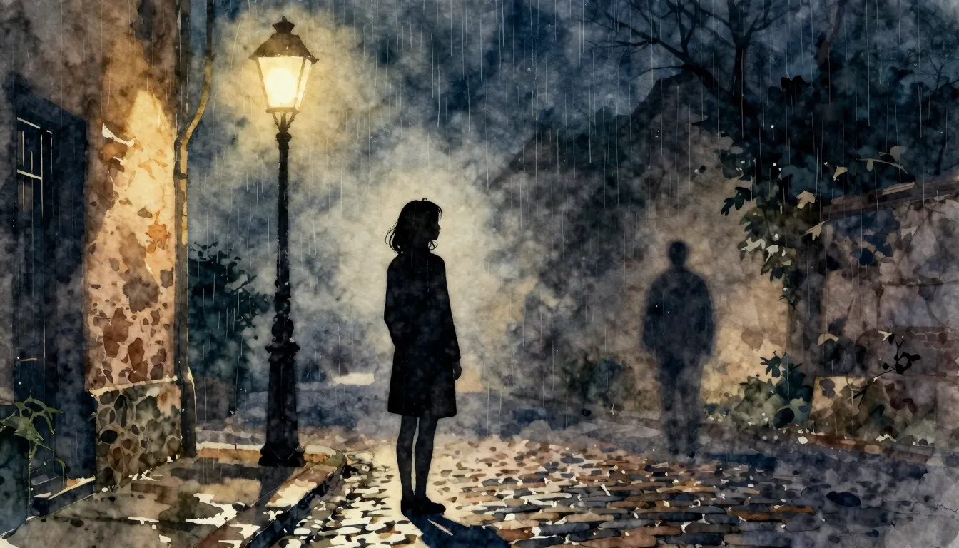 Watercolor style. A silhouette of a woman standing alone und...