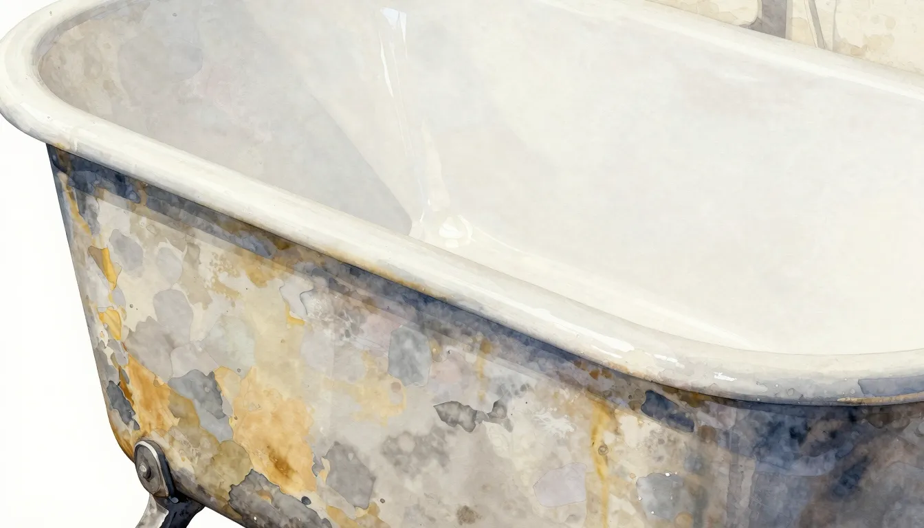 Watercolor style. A close-up of a steel bathtub surface show...