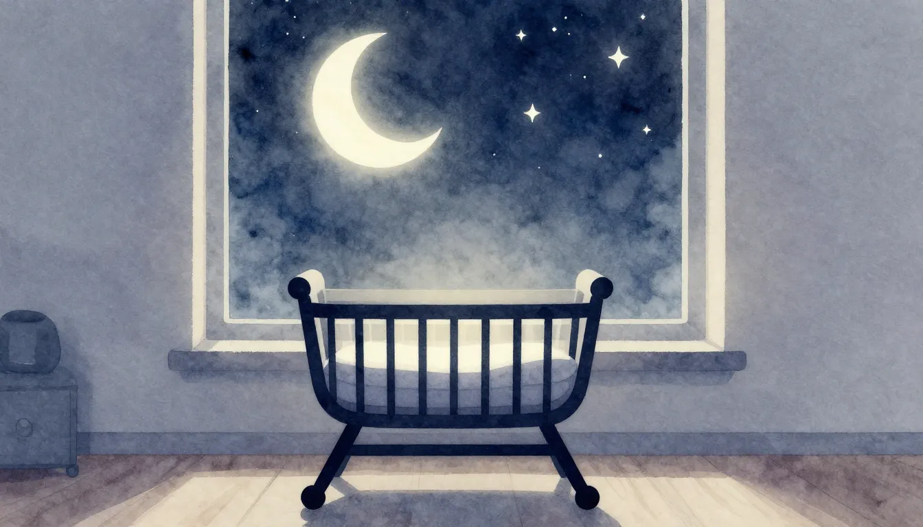 Watercolor style. Silhouette of a baby cradle in a cozy room...
