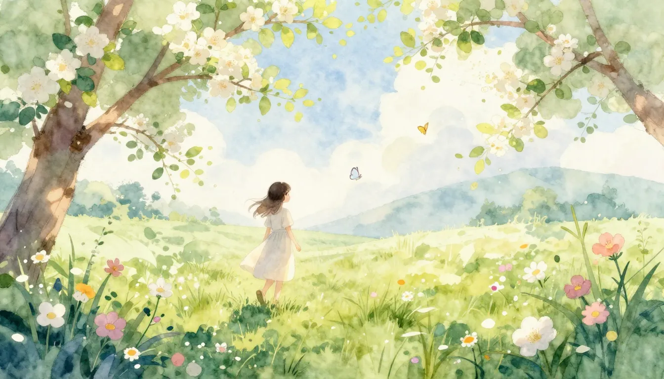 Watercolor style. A gentle spring landscape, blooming flower...