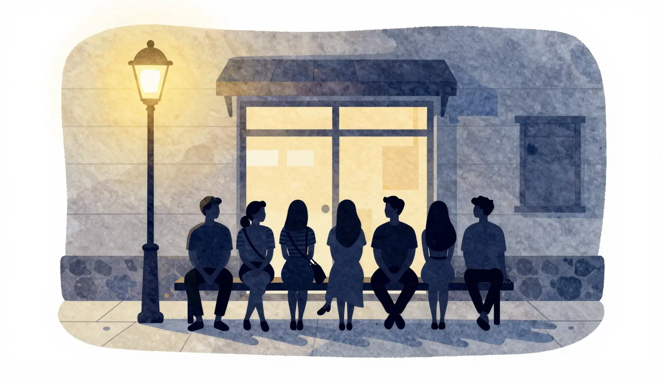 Watercolor style. Silhouettes of seven friends sitting on a ...