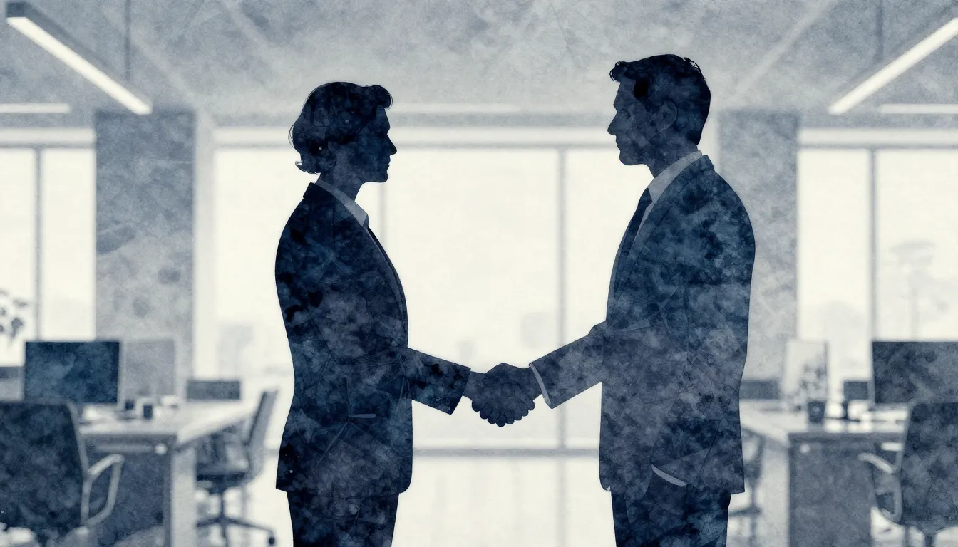 Watercolor style. Silhouette of two figures shaking hands in...