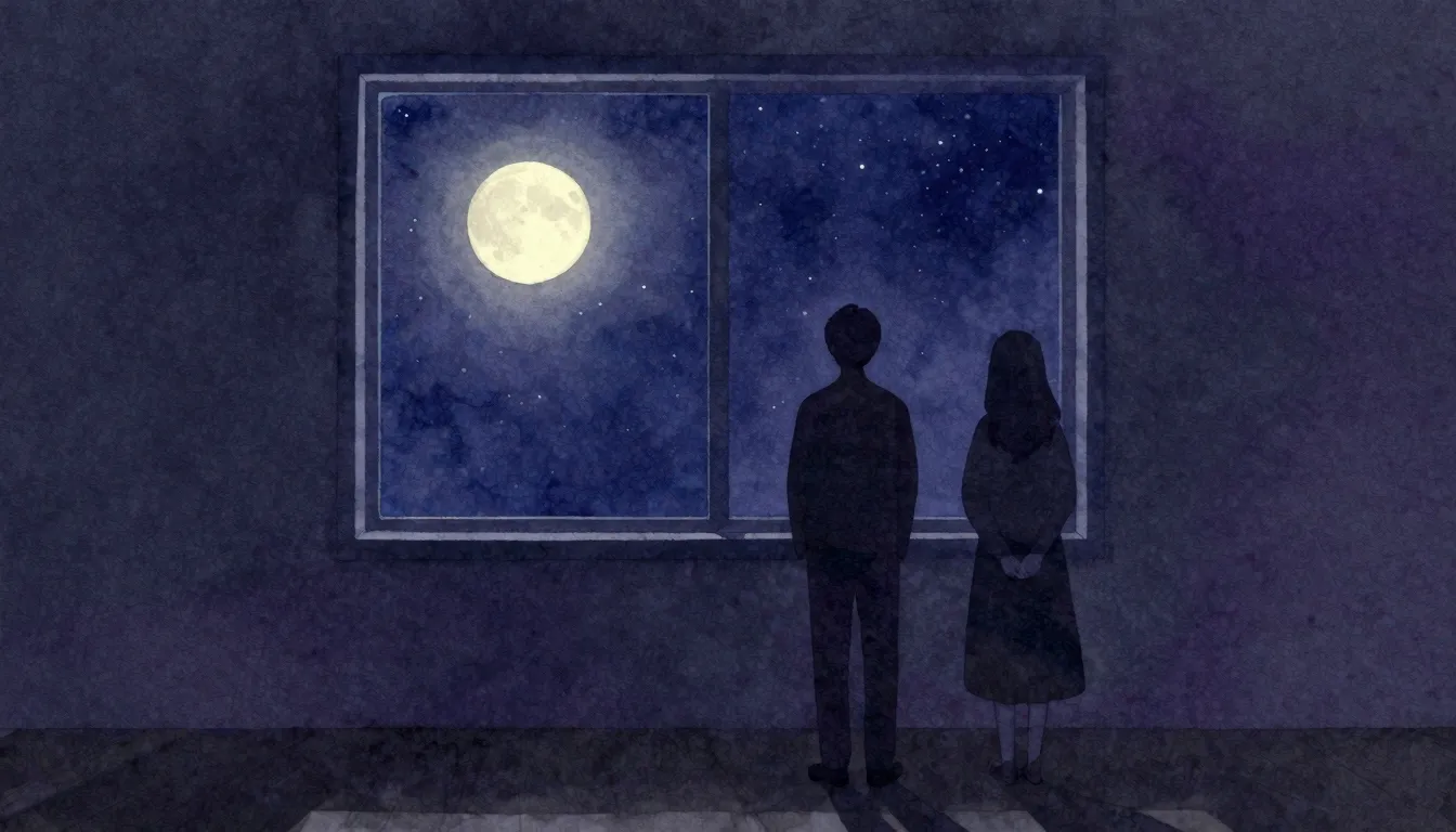 Watercolor style. A dark room with a window showing a starry...