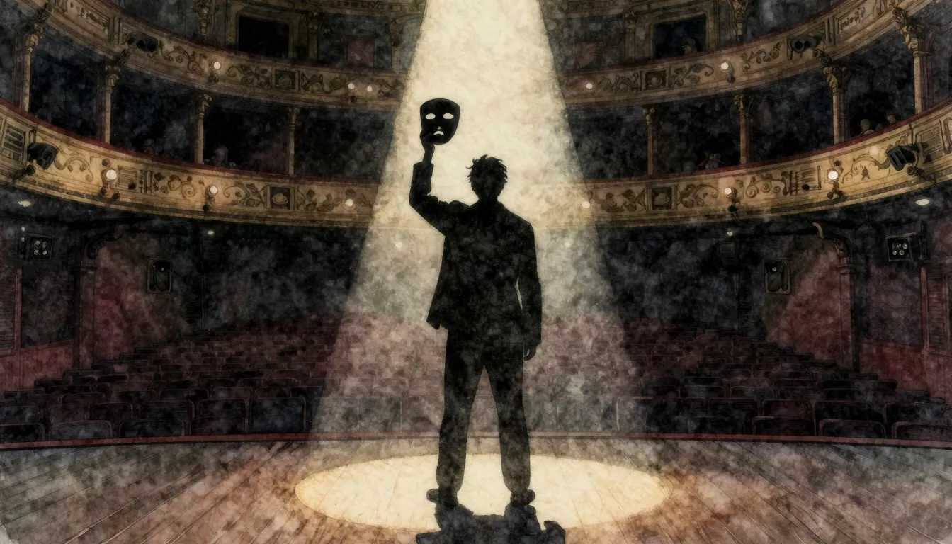 Watercolor style. A silhouette of a person standing on a sta...