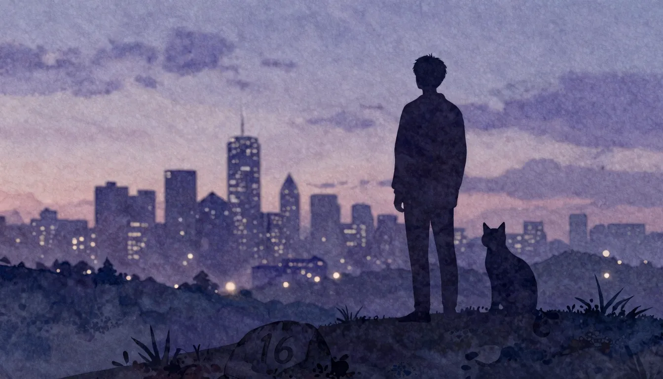 Watercolor style. A silhouette of a person stands on a hill,...