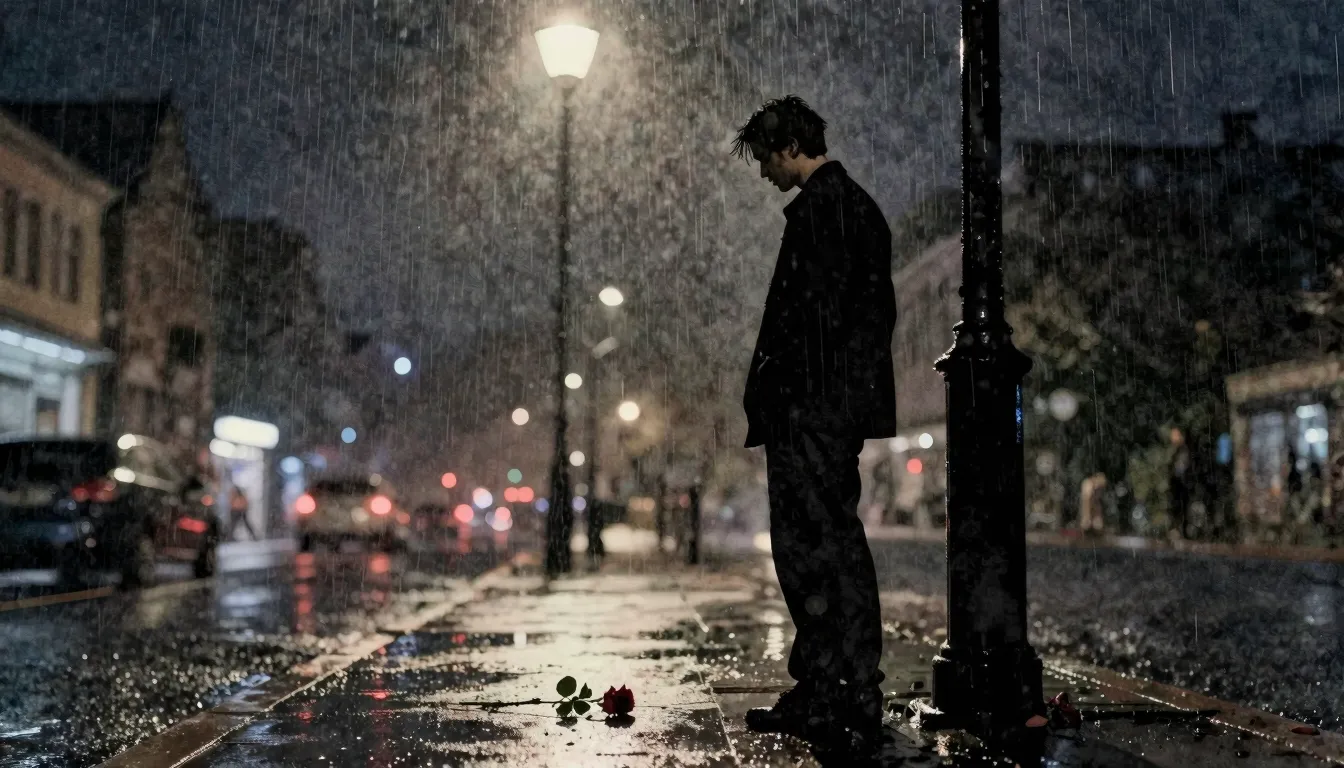 Watercolor style. A silhouette of a man stands under a singl...