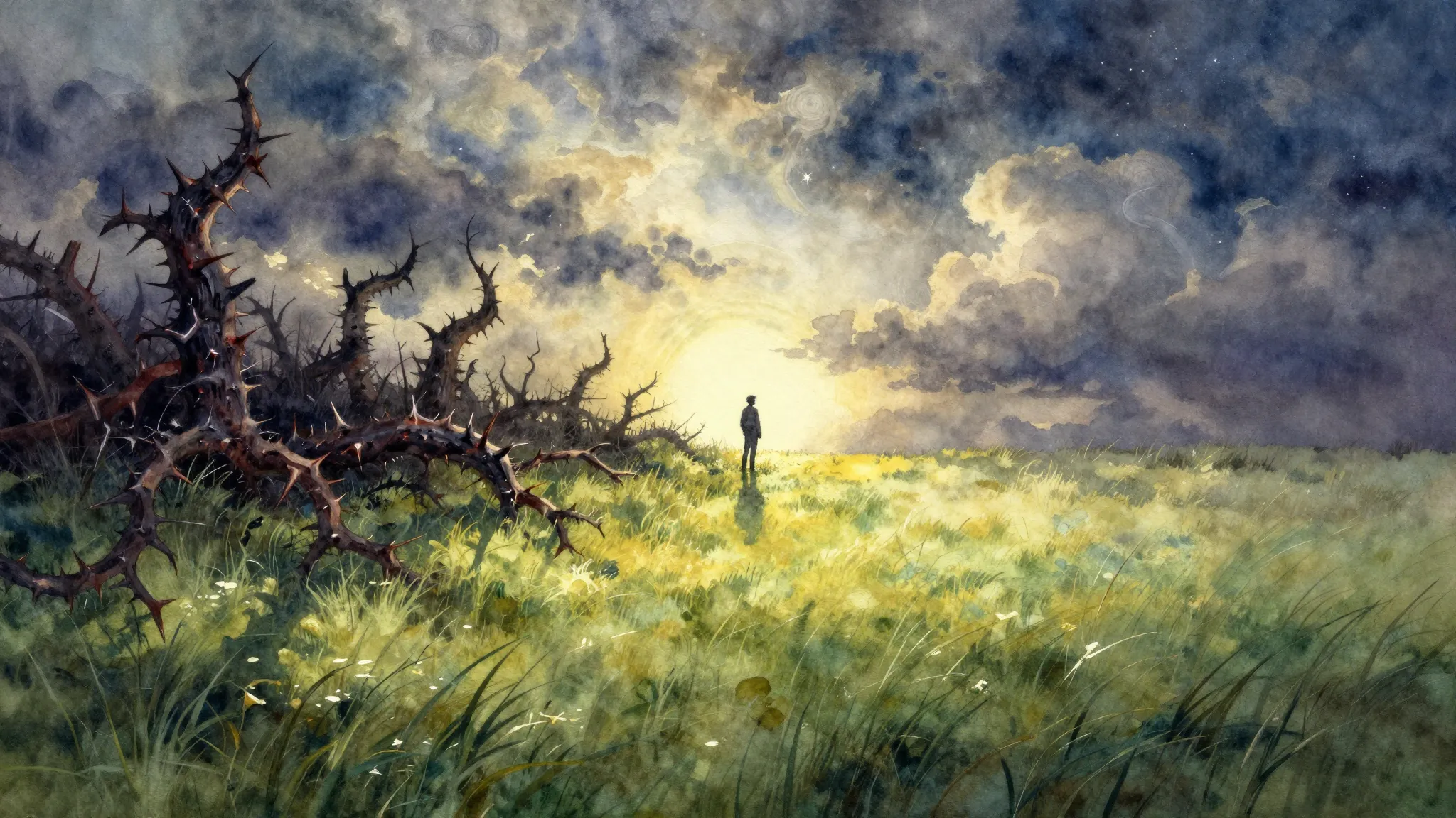 Watercolor style. A dark, thorny landscape on one side, tran...