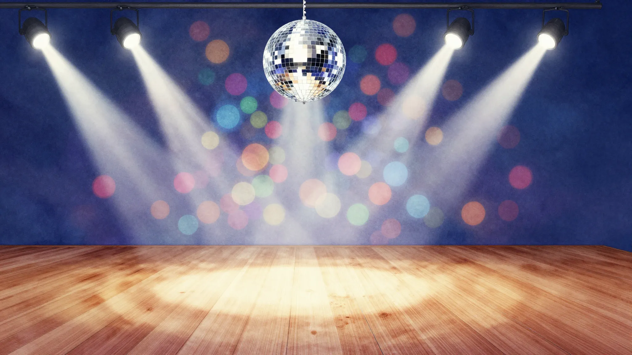 Watercolor style. Bright stage lights shining on a wooden da...