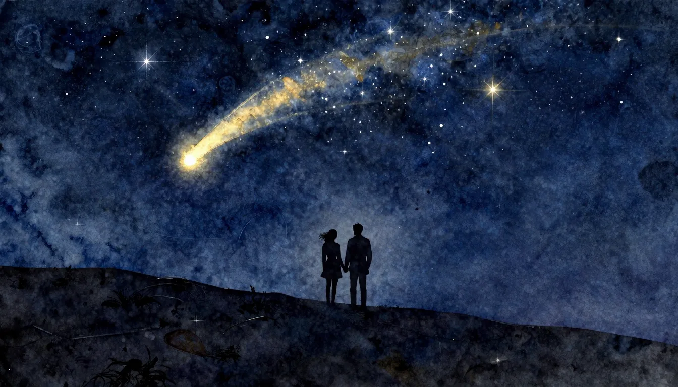 Watercolor style. A silhouette of a couple stands on a hill ...