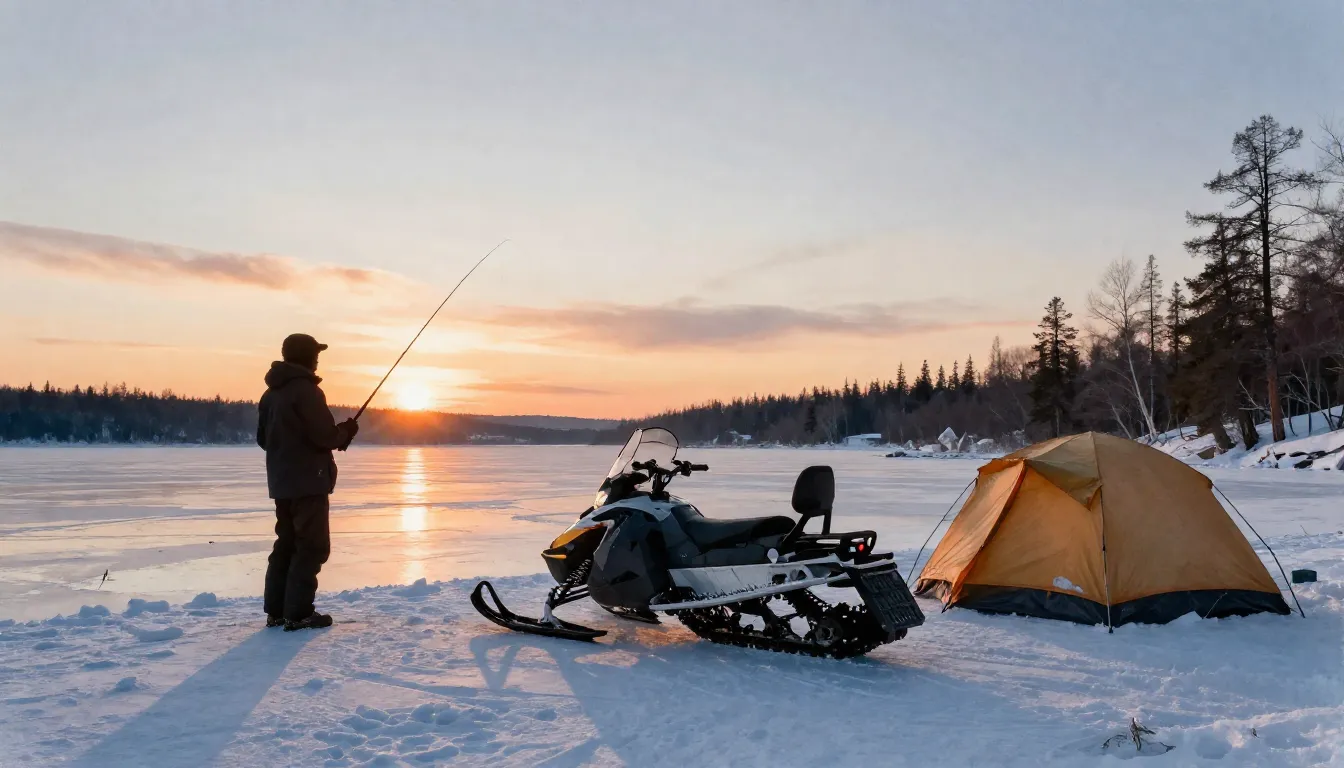 Watercolor style. A silhouette of a person fishing on a froz...
