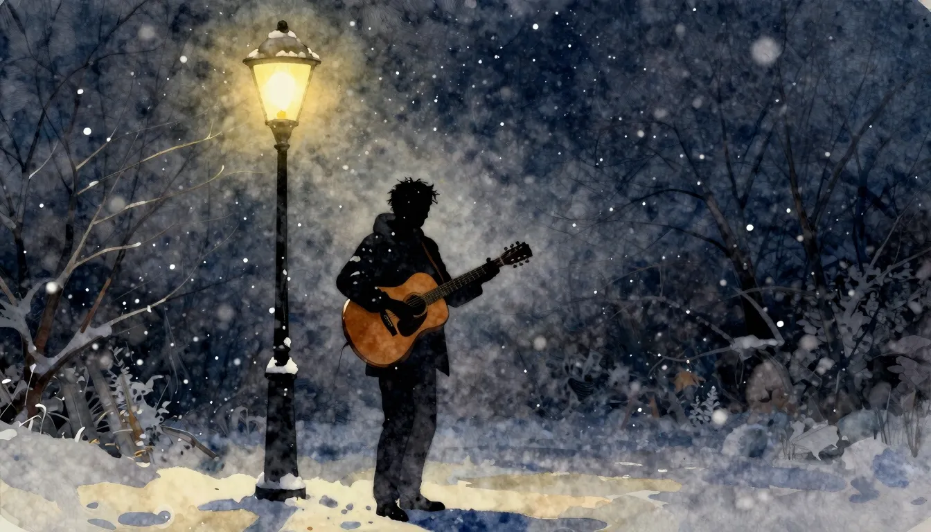 Watercolor style. Silhouette of a man playing acoustic guita...