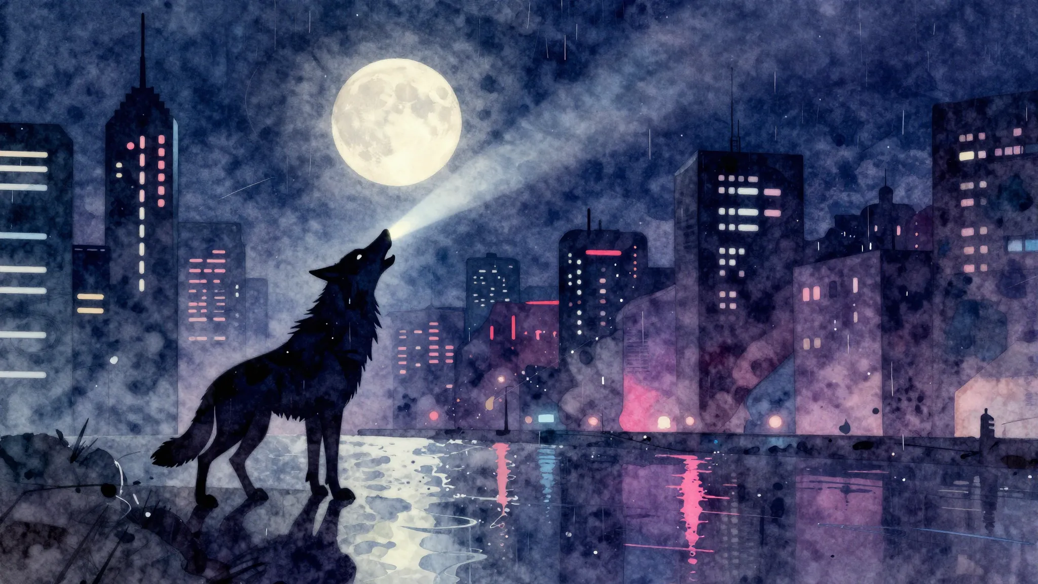 Vibrant watercolor style. Techno album cover. Dark, futurist...