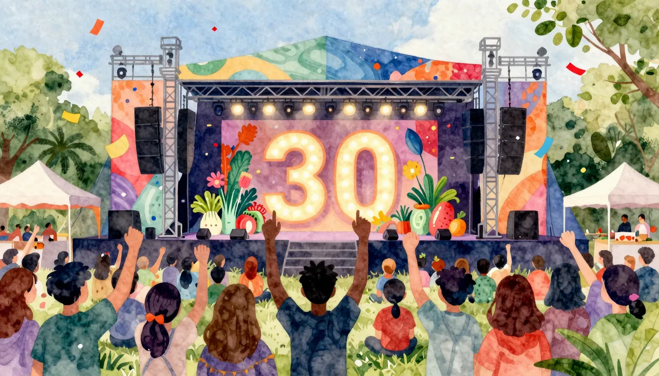 Watercolor style. A vibrant festival stage at a large exhibi...
