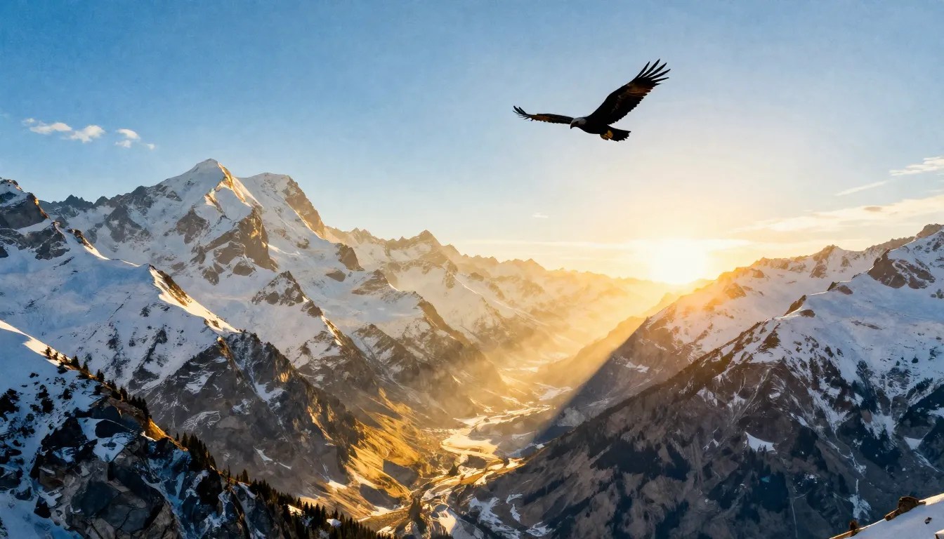 Watercolor style. A breathtaking sunrise over high snow-capp...