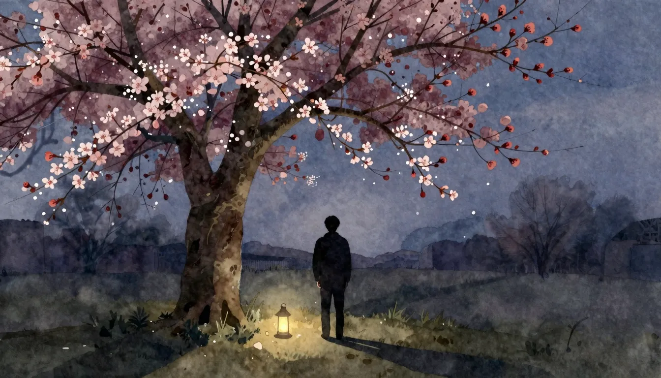 Watercolor style. A silhouette of a man stands under a bloom...