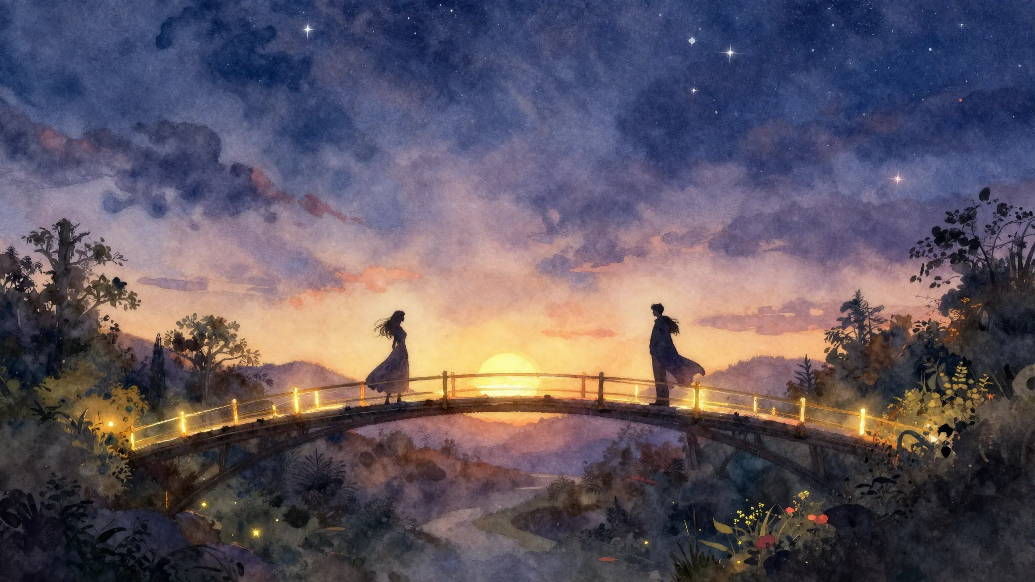 Watercolor style. A romantic landscape at sunset, two dark s...