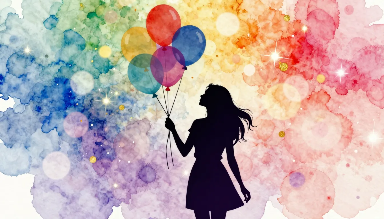 Watercolor style. Silhouette of a woman holding balloons aga...