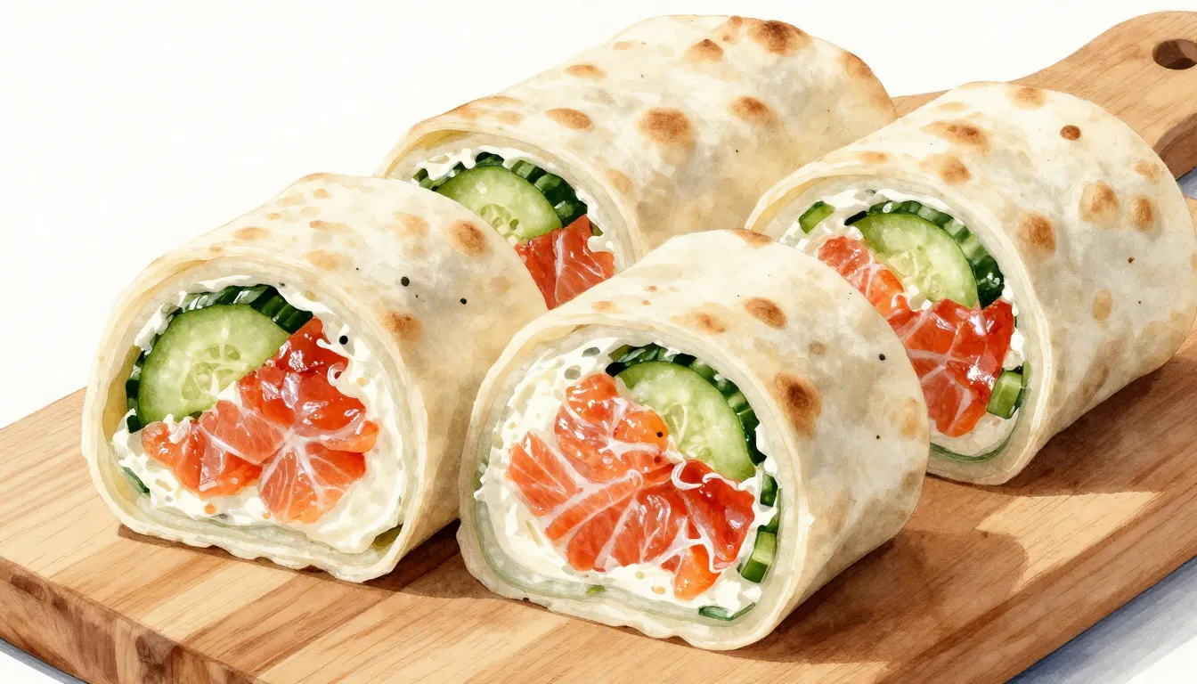 Watercolor style. Close-up of sliced fish rolls with red sal...