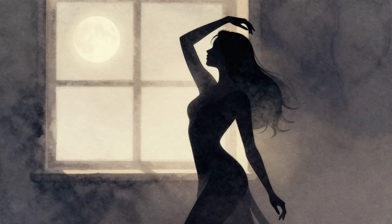 Watercolor style. A graceful silhouette of a woman in a diml...