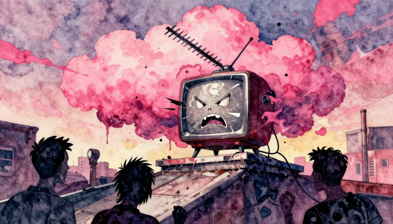 Vibrant watercolor style. Punk album cover: a vibrant pink c...