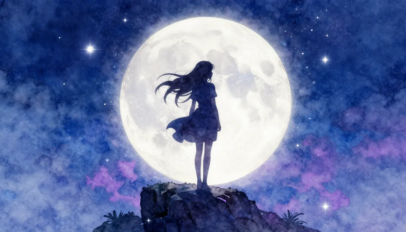 Watercolor style. Silhouette of a girl with flowing hair sta...