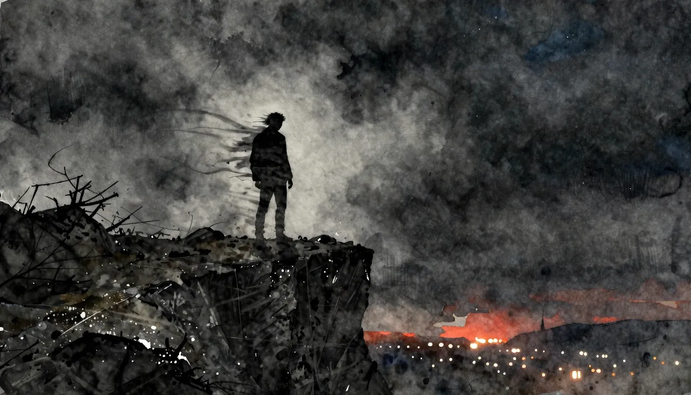Vibrant watercolor style. Dark, gritty rock album cover. A l...