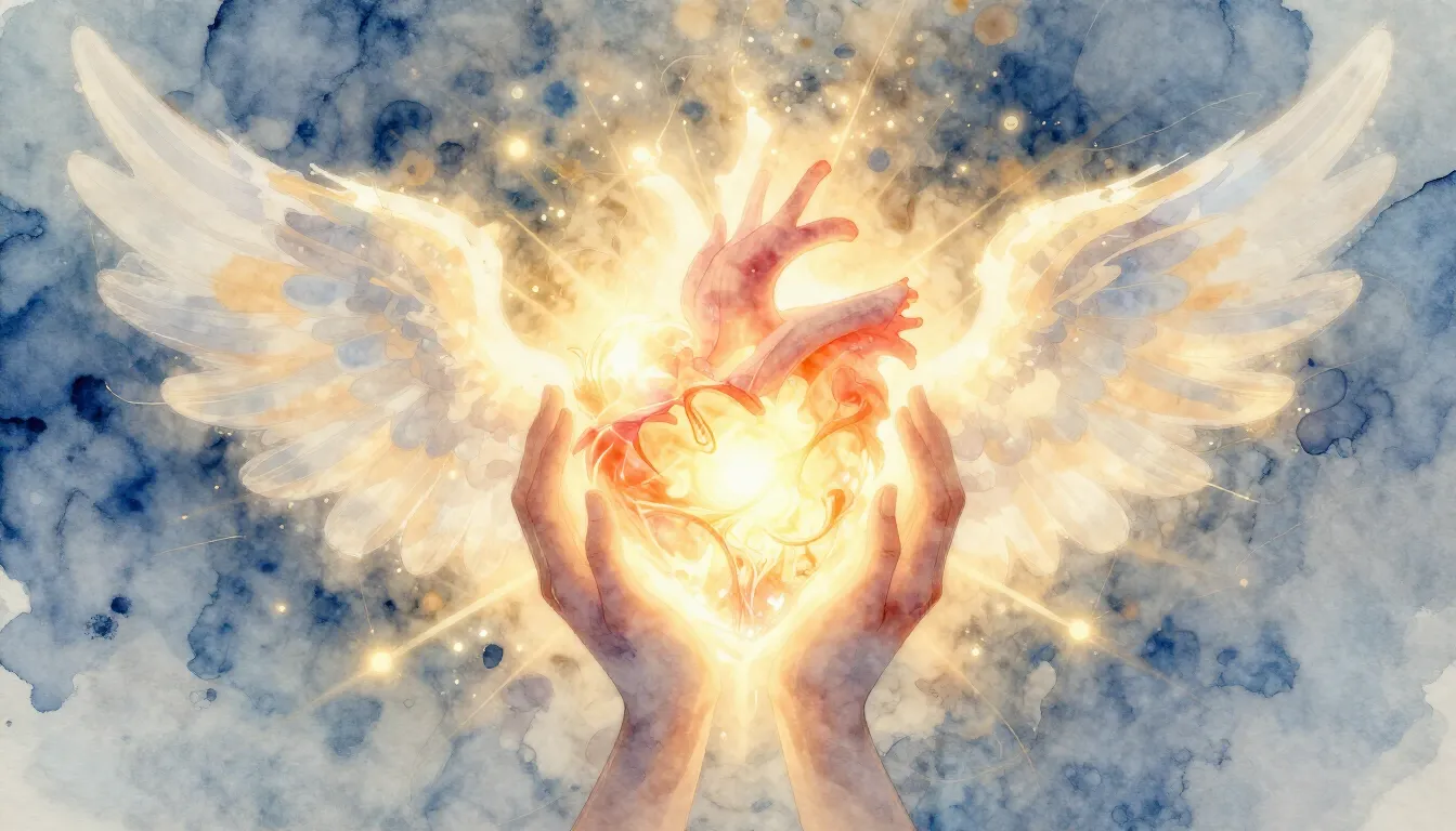 Watercolor style. A glowing heart with ethereal wings, warm ...