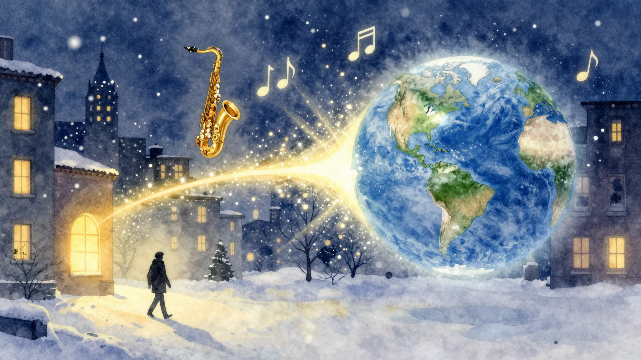 Vibrant watercolor style. A snowy winter cityscape at night,...