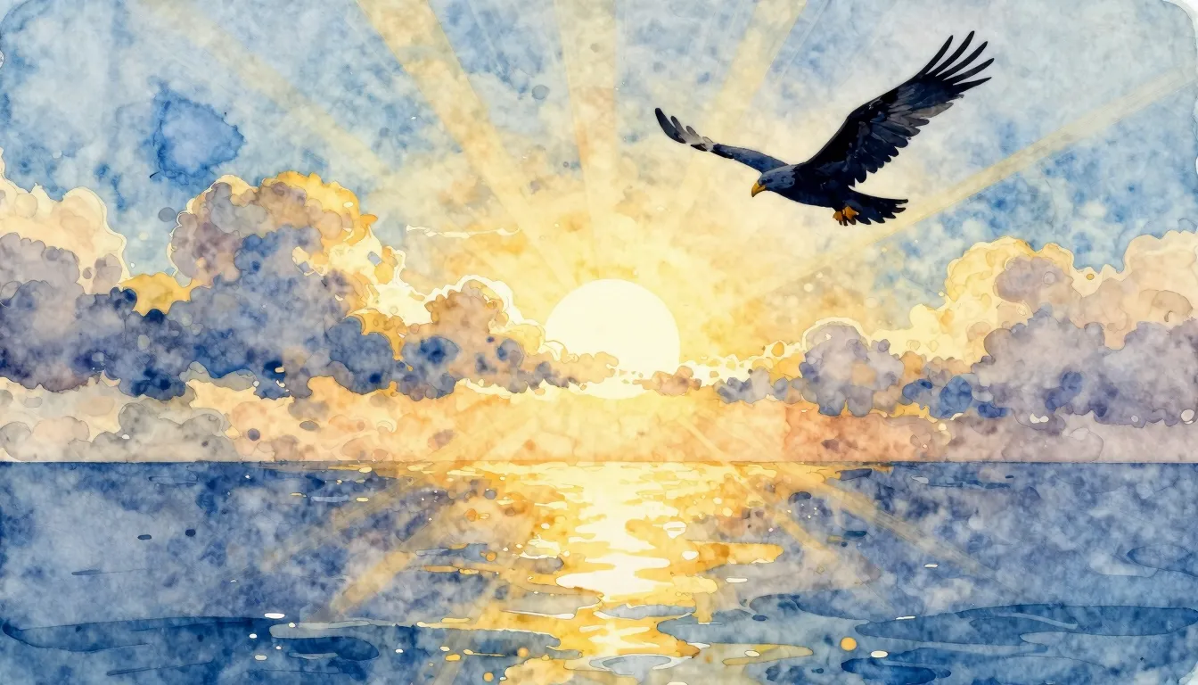 Watercolor style. A radiant sunburst breaking through soft c...