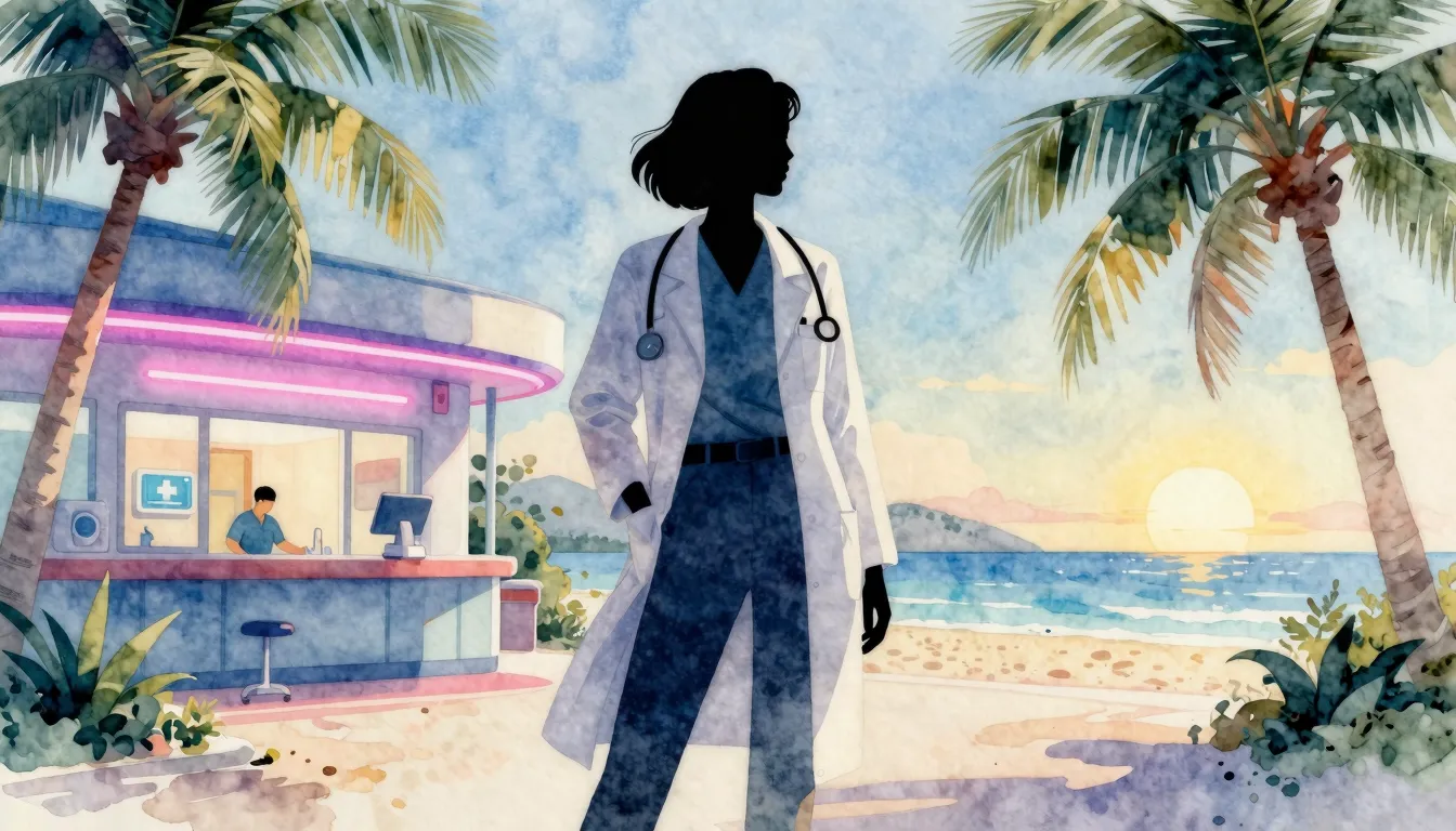 Watercolor style. Silhouette of a stylish woman in a medical...