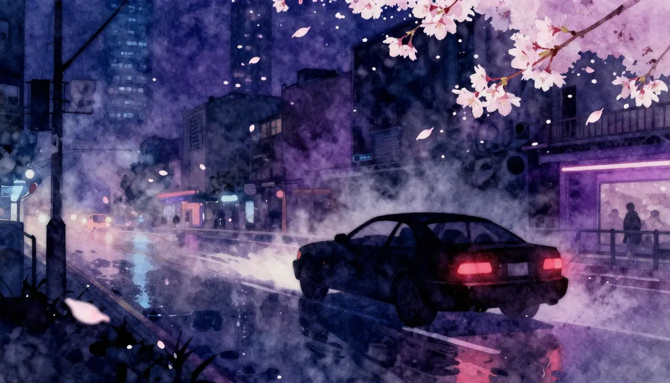 Watercolor style. Dark urban landscape at night, neon purple...