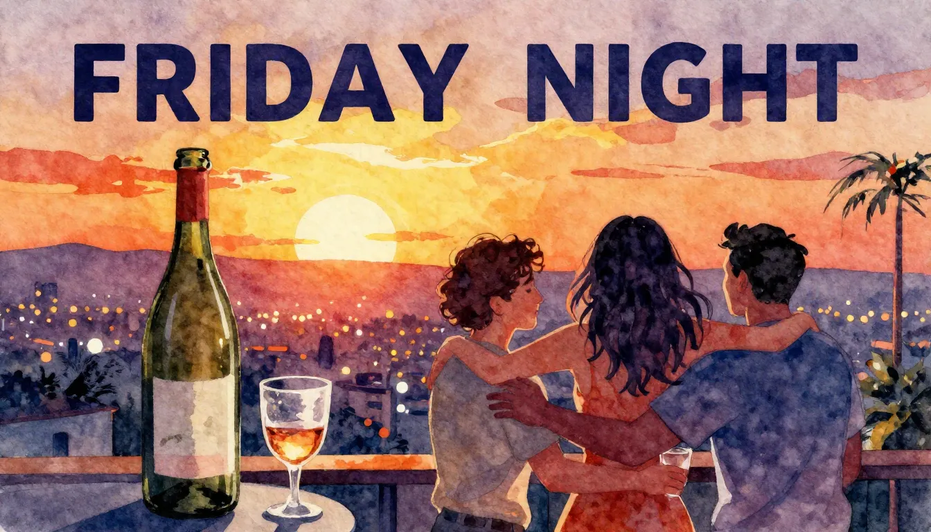 Vibrant watercolor style. Rock album cover. Friday night cel...