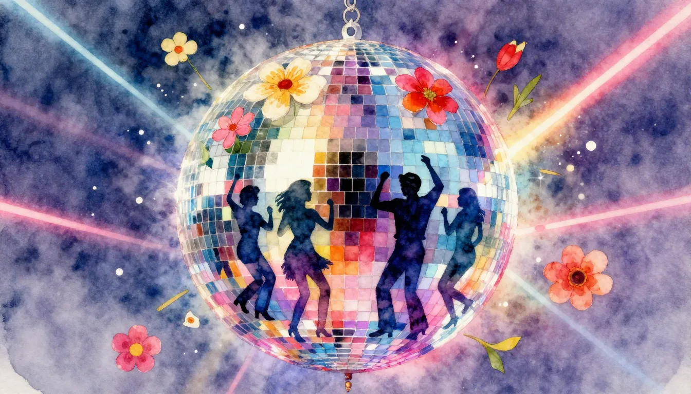 Watercolor style. A vibrant disco ball reflecting colorful s...
