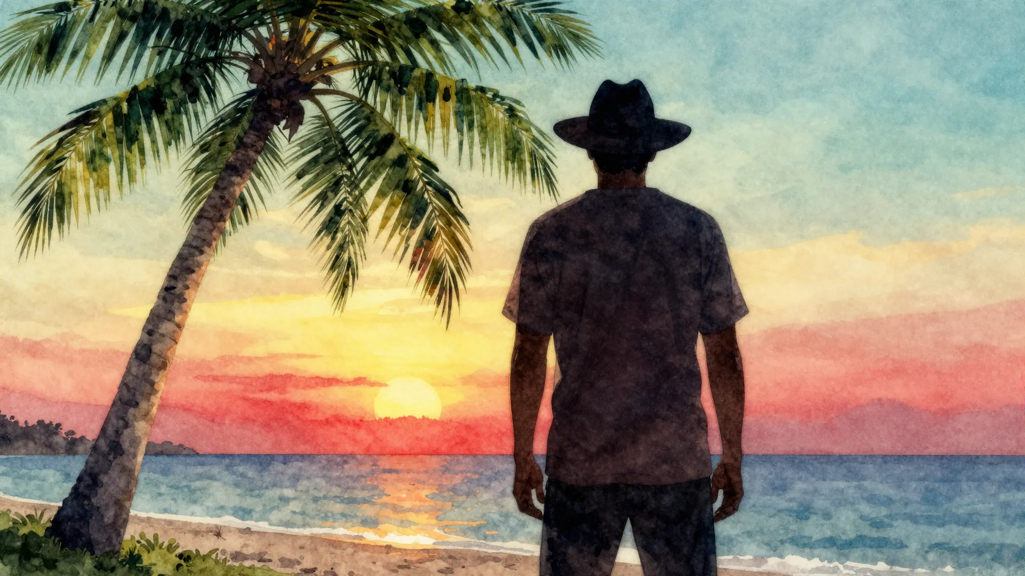 Watercolor style. A dark silhouette of a man in a wide-brimm...