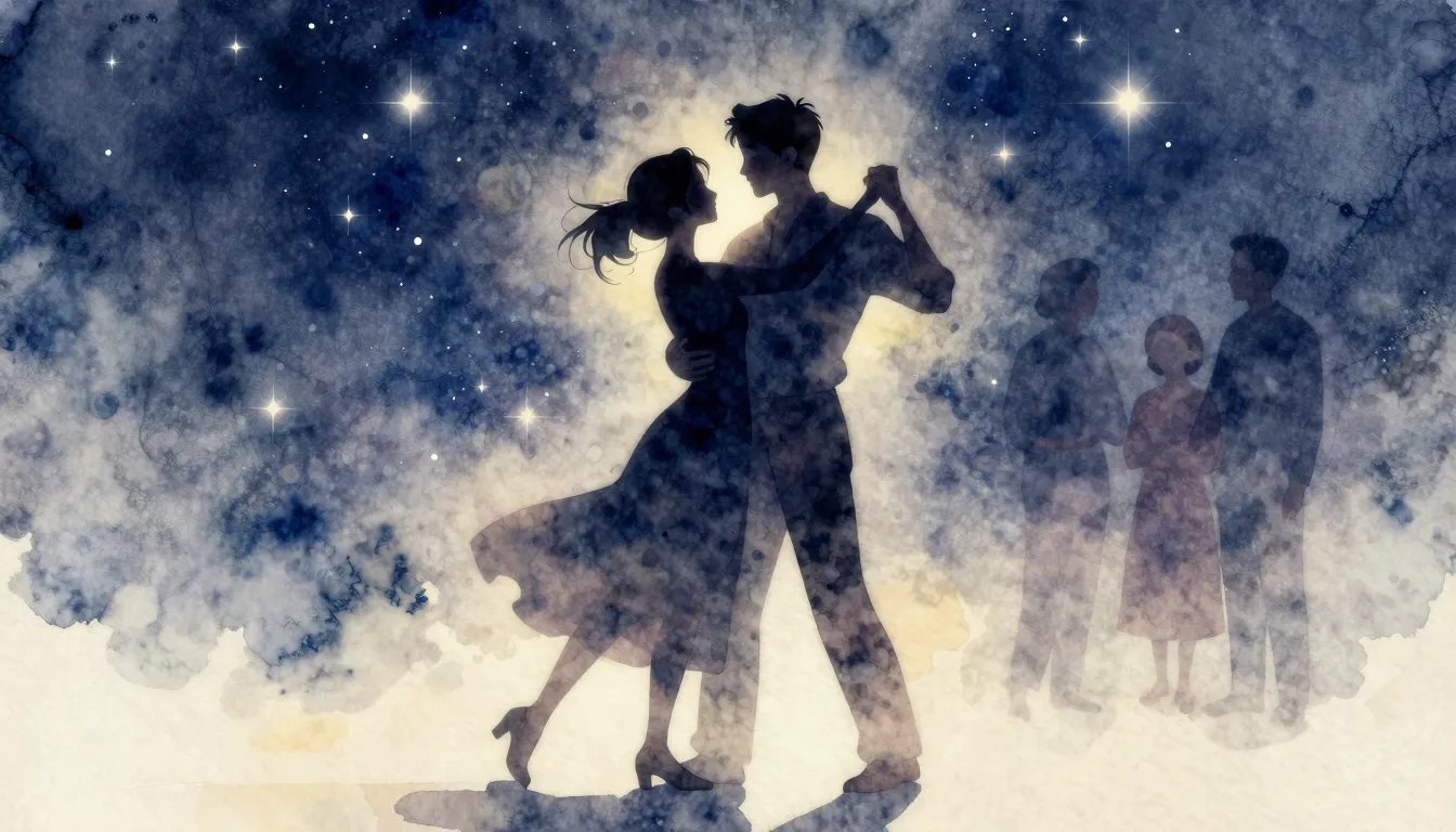 Watercolor style. A silhouette of a young couple dancing und...