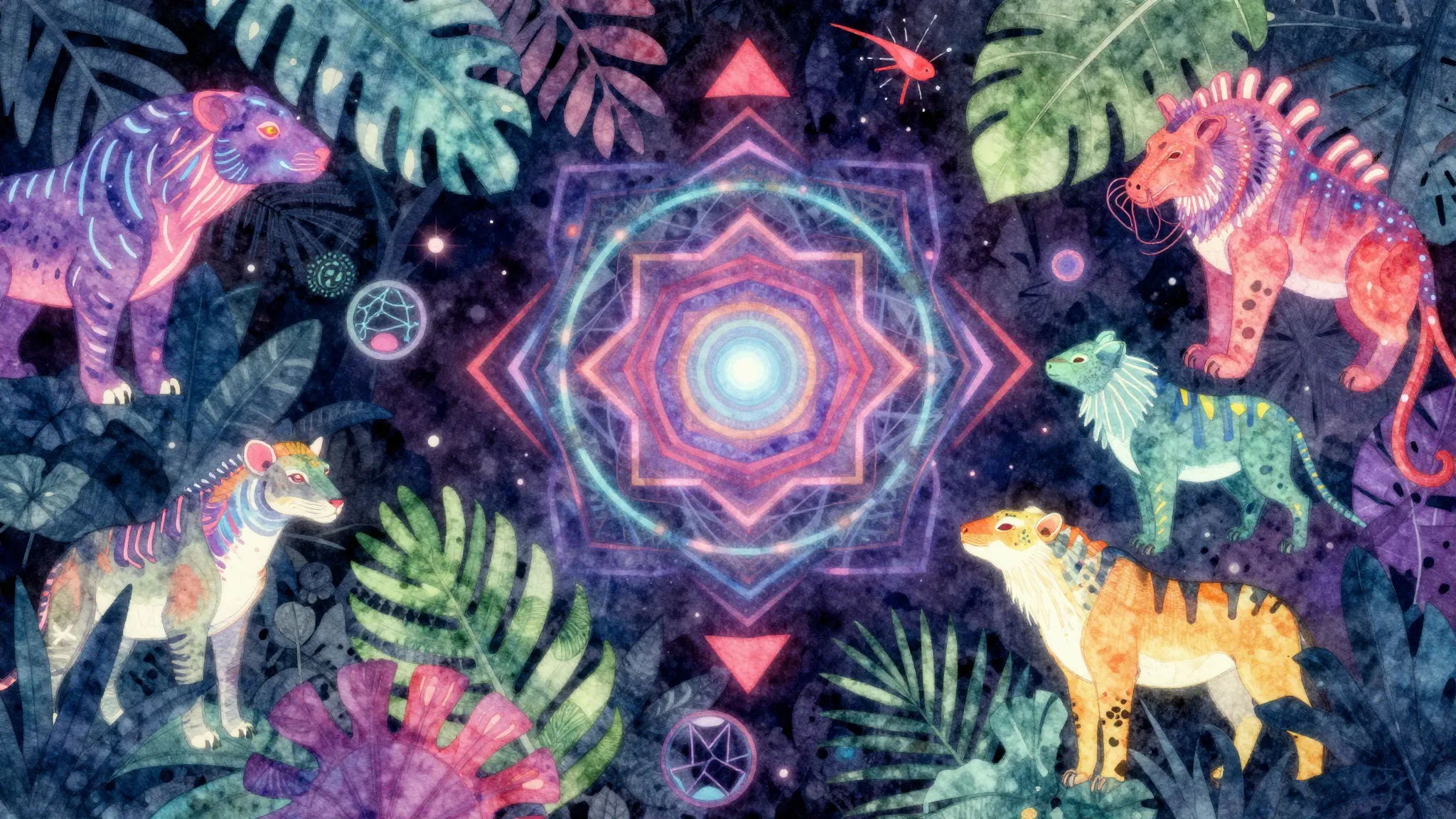 Vibrant watercolor style. Techno album cover: neon jungle, g...