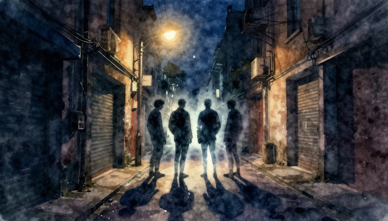 Watercolor style. A dark urban alley at night with 4 glowing...