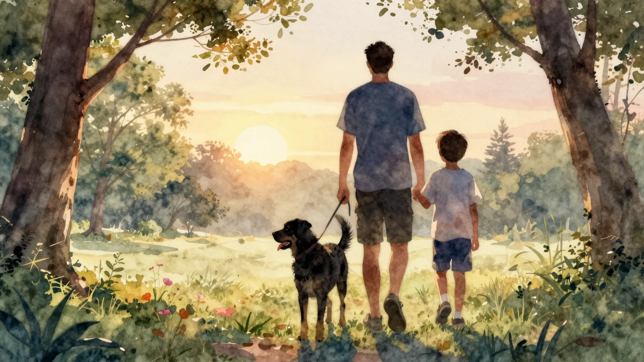 Watercolor style. Silhouette of an adult man and a teenage b...