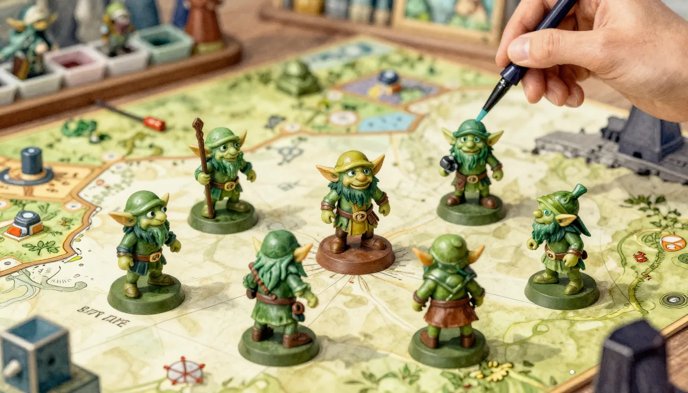 Watercolor style. A group of small fantasy goblin miniatures...