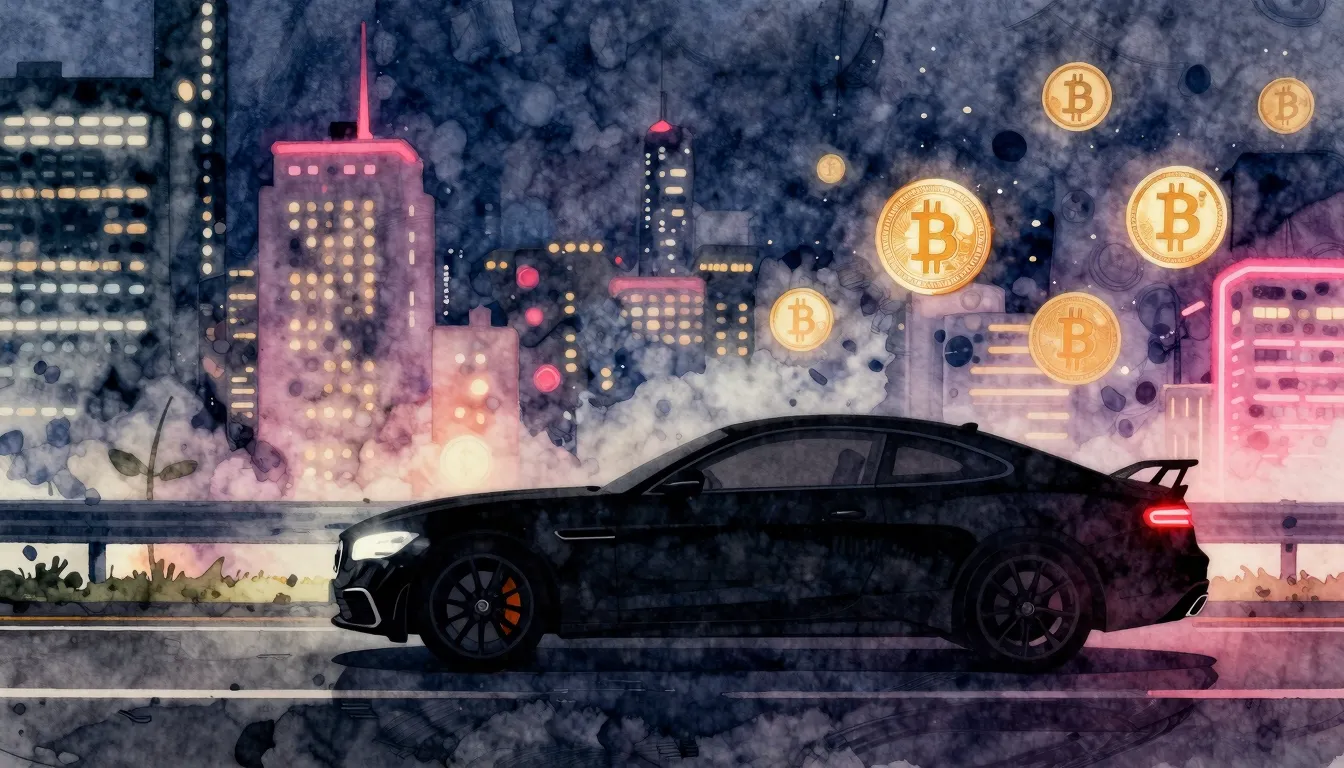 Watercolor style. Silhouette of a luxury car on a dark highw...