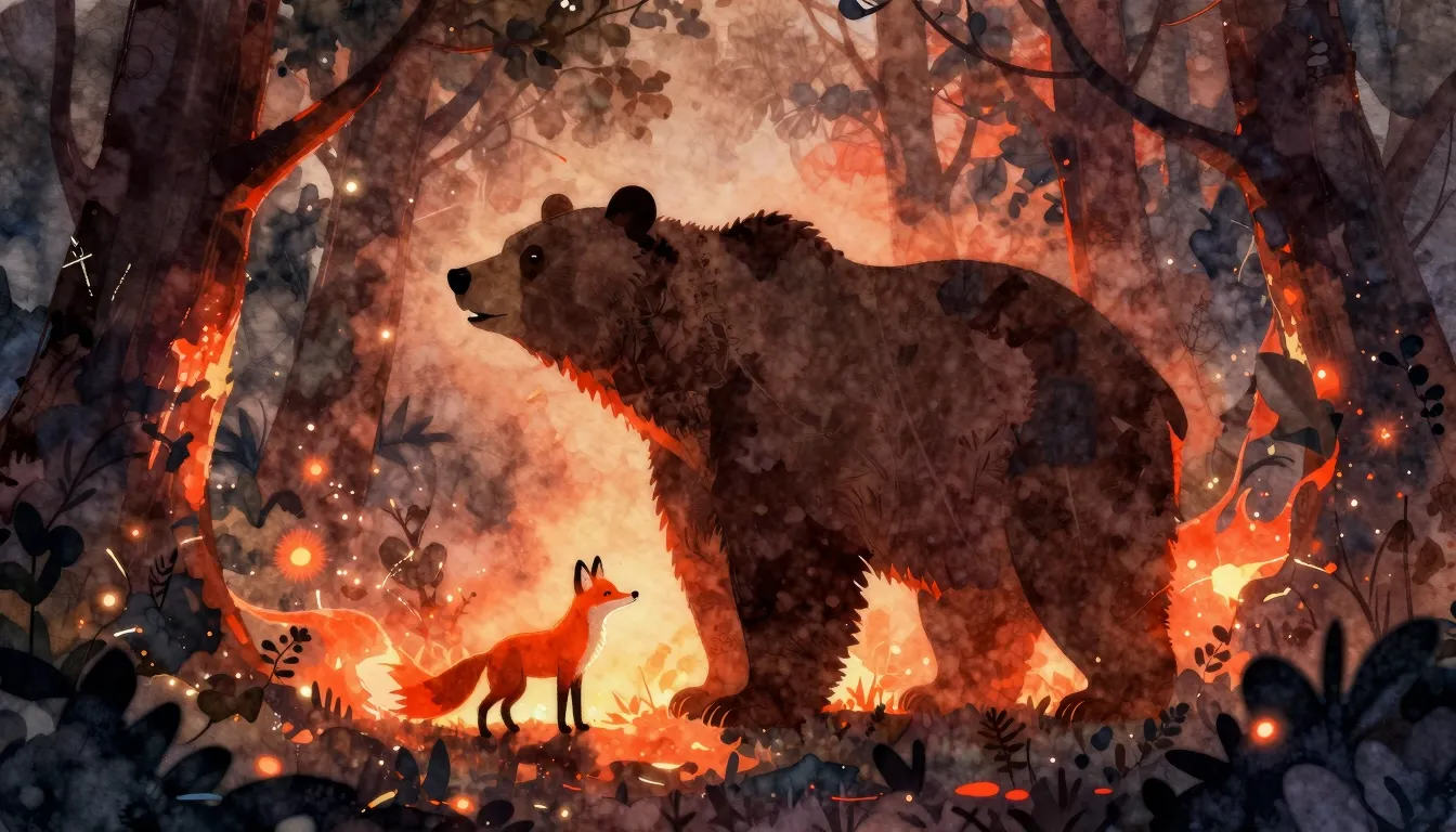 Watercolor style. Silhouette of a large bear and a small fox...