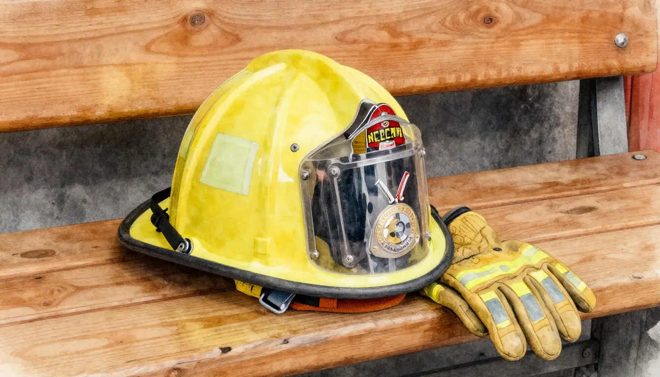 Watercolor style. Close-up of a fire helmet and protective g...