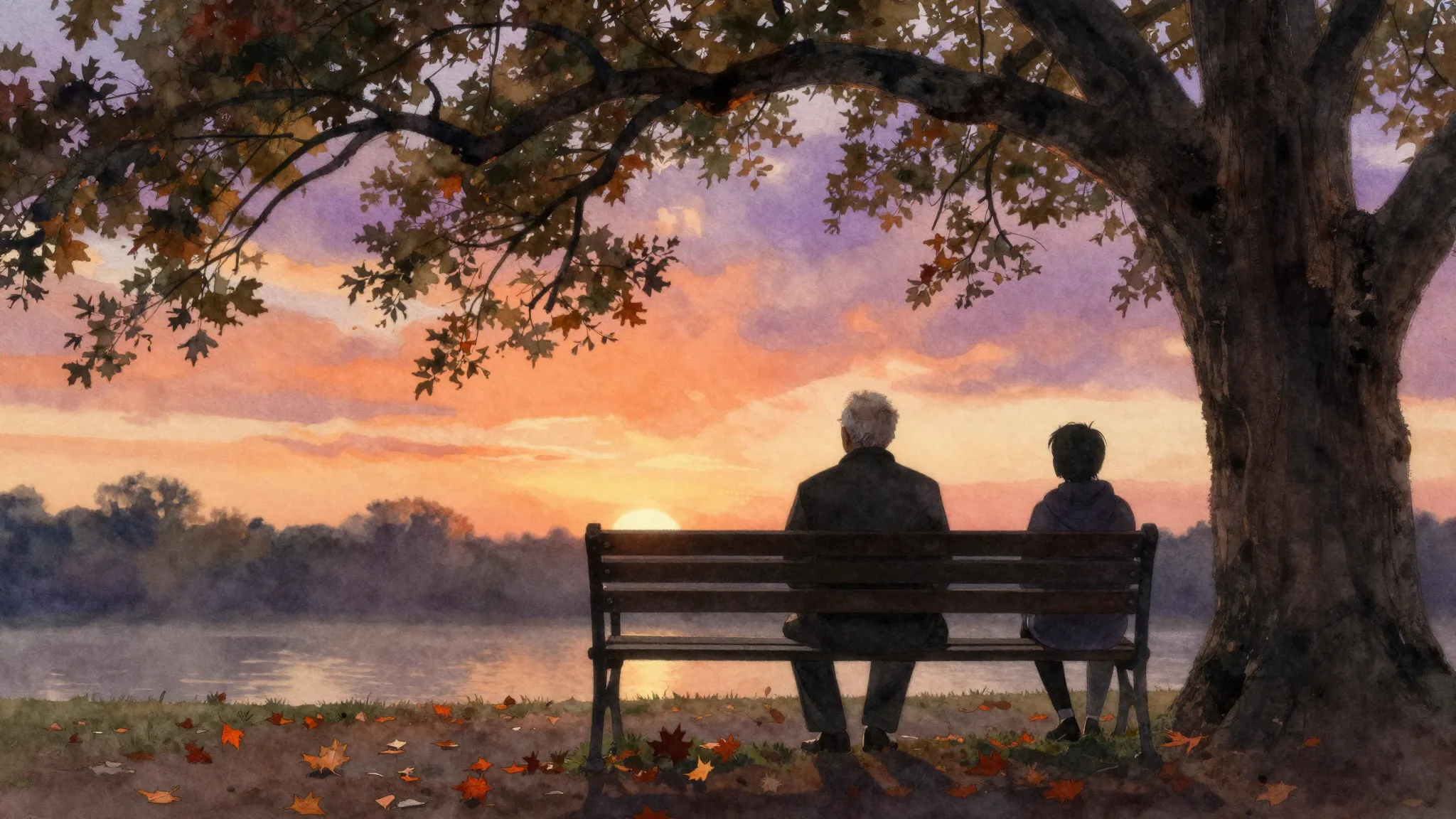 Watercolor style. An old man's silhouette sits on a park ben...