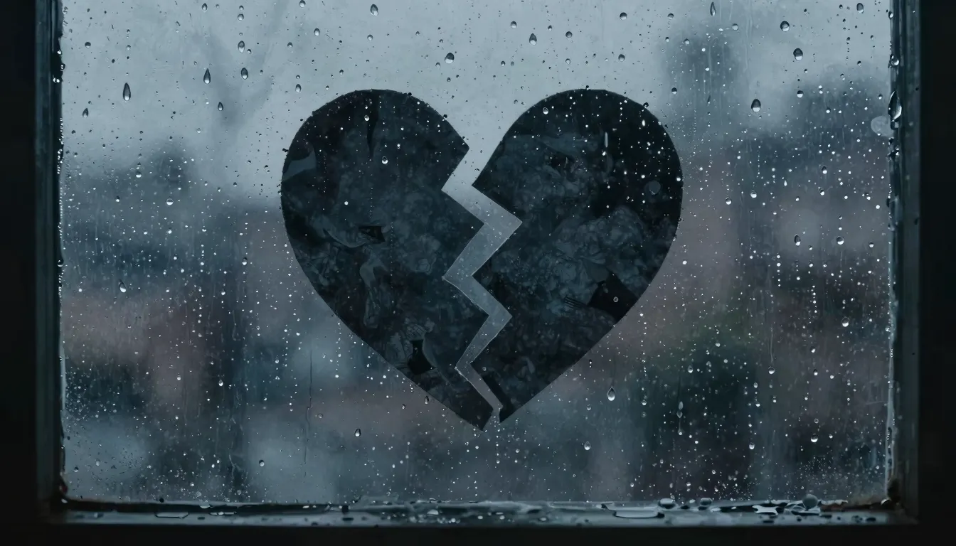 Watercolor style. Dark silhouette of a broken heart on a rai...
