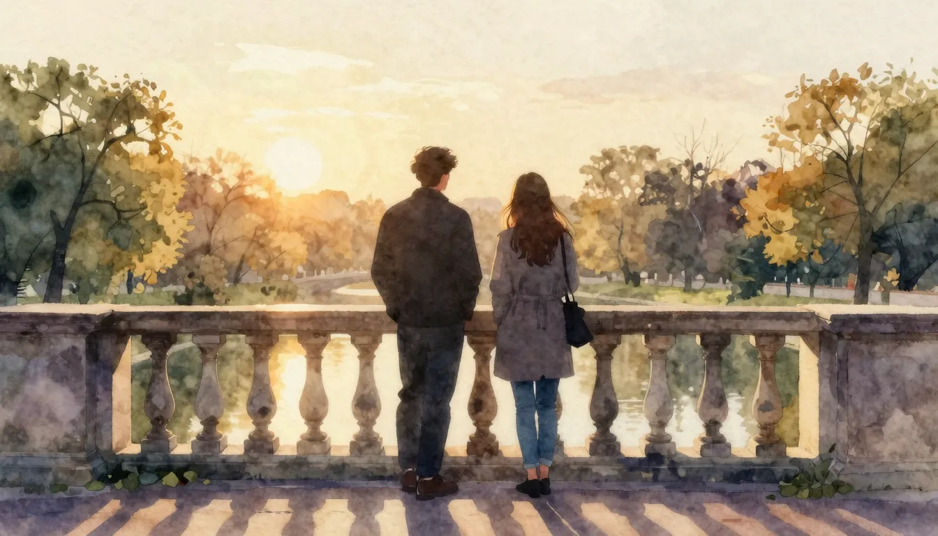 Watercolor style. A silhouette of two friends standing on a ...