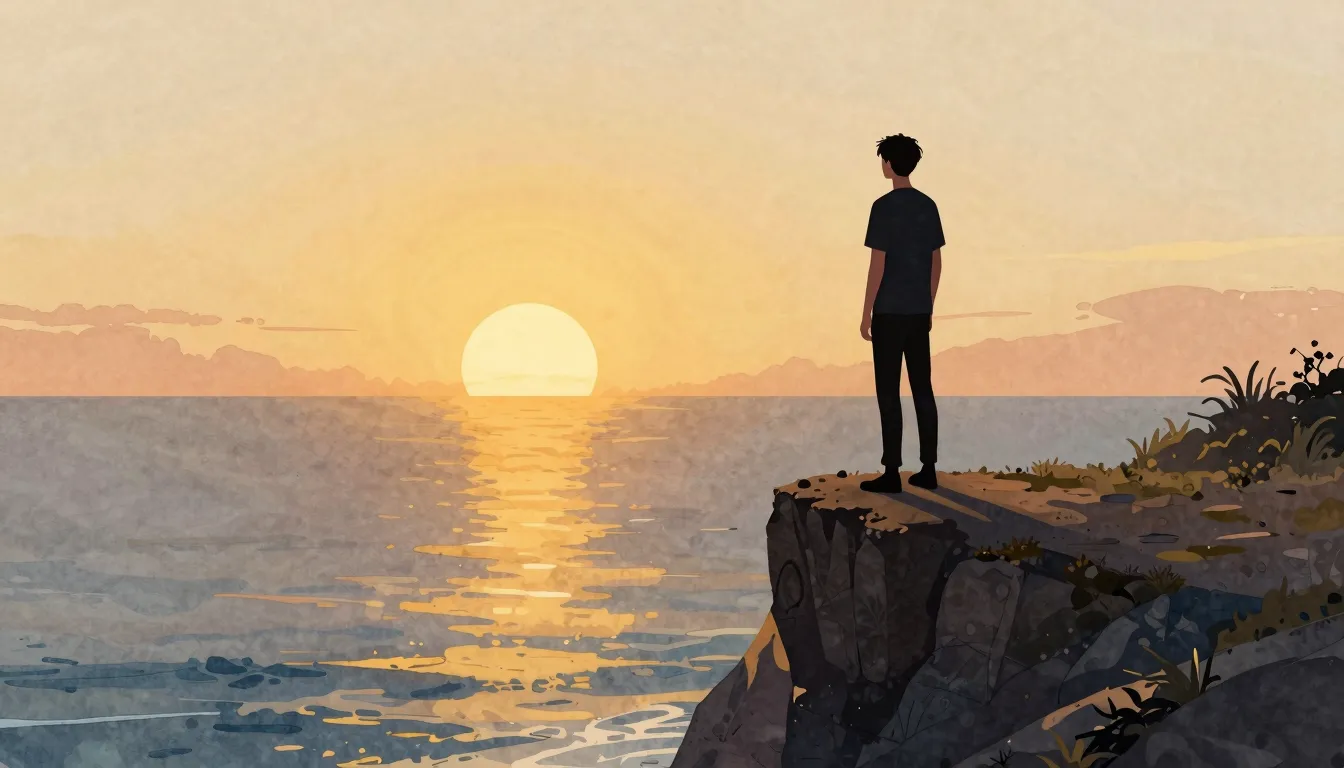 Watercolor style. A dark silhouette of a tall young man stan...