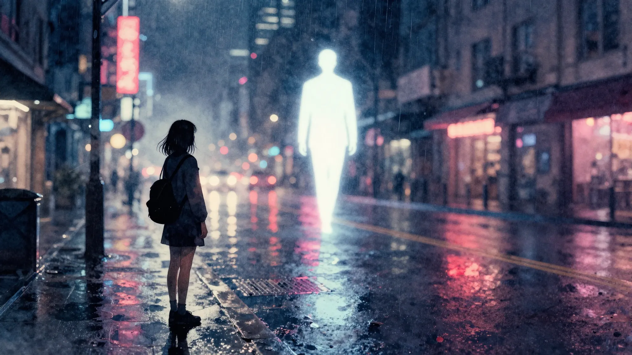 Watercolor style. A lonely silhouette of a girl looking at a...