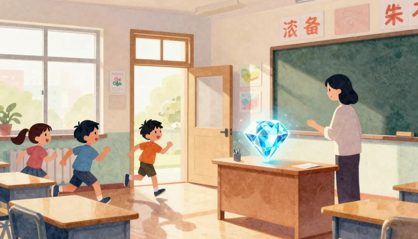 Watercolor style. A bright classroom with a glowing diamond ...