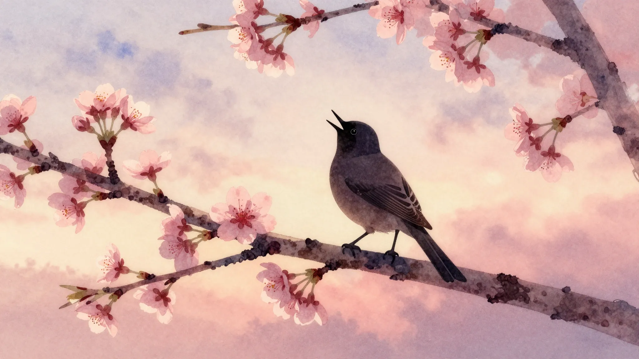 Watercolor style. A beautiful silhouette of a bird singing o...